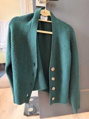 Old Navy Forest Green Ribbed Shawl-Collar Cardigan with Gold Buttons